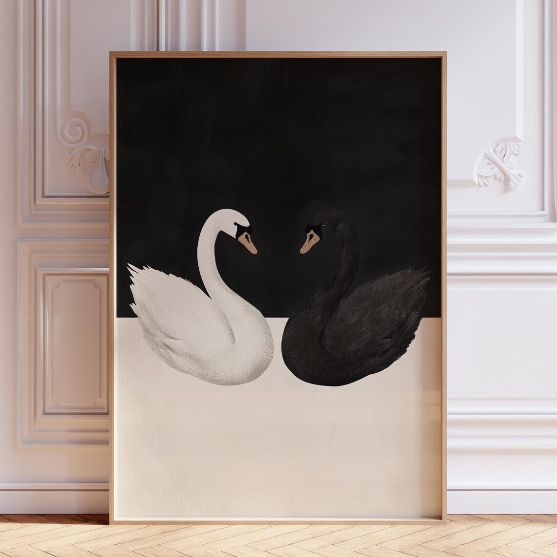 Black and White Swans Facing Each Other Minimalist Bird Art Poster