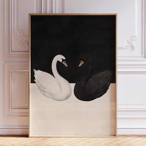 Black And White Swan Print Poster Moody Bird Vintage