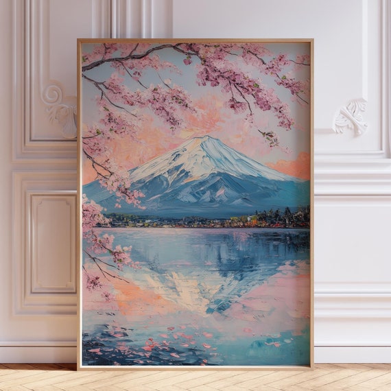 Japanese Cherry Blossom Wall Art Mt Fuji Print Watercolor Tree Poster Mountain Flower