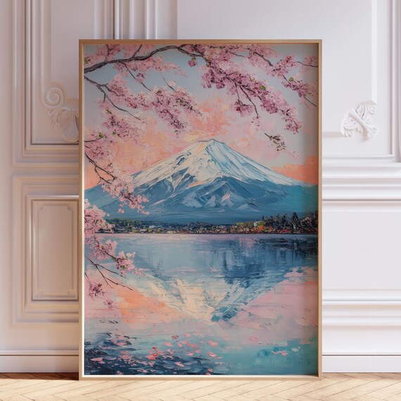 Mount Fuji Cherry Blossom Pink Sunset Lake Reflection Oil Poster