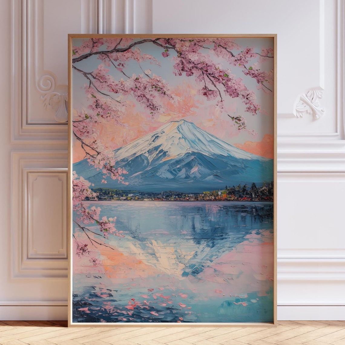 Mount Fuji Cherry Blossom Pink Sunset Lake Reflection Oil Poster