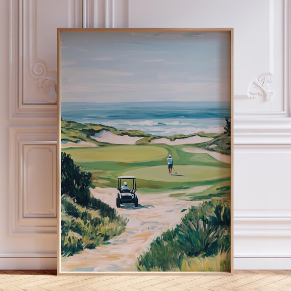Coastal Golf Course Ocean View Golfer Painting Sports Scene Poster