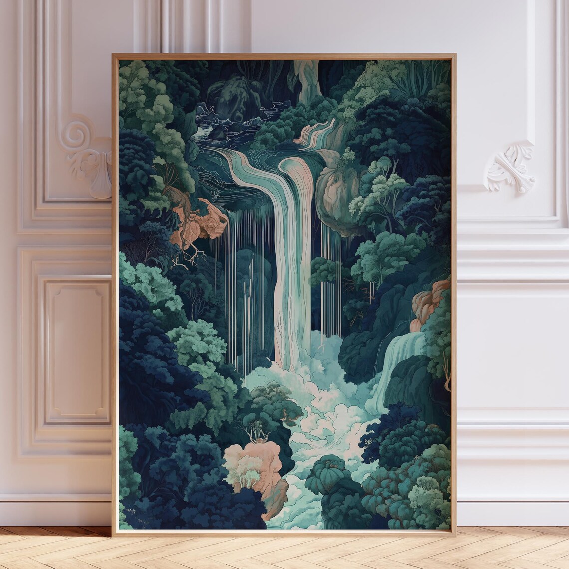 Japandi Moonlit Dark Forest Waterfall Zen Asian Landscape Wall Art