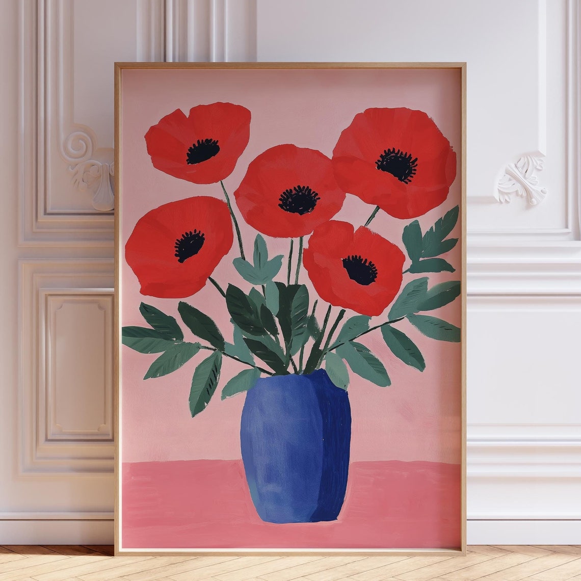 Red Poppies In Blue Vase On Pink Modern Floral Painting Poster