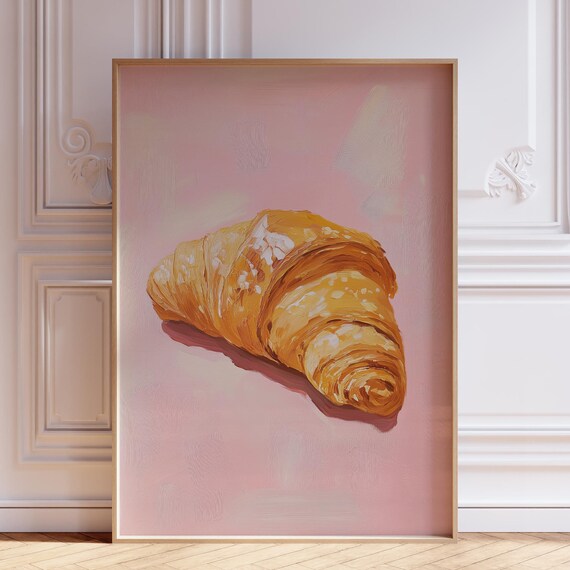 Pink Croissant Print French Breakfast Wall Art Girly Kitchen Pastel Food Minimalist Pastry