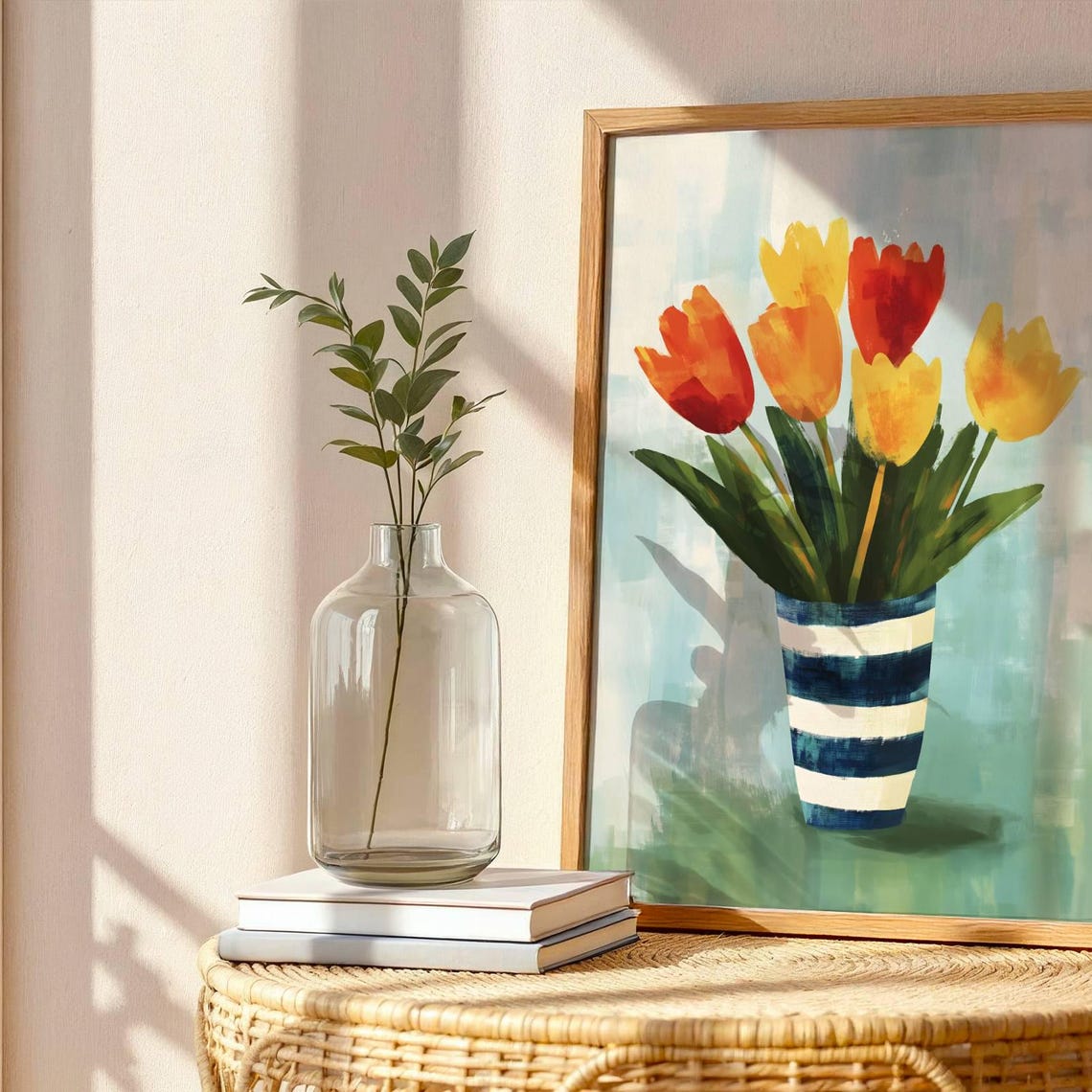 Orange And Yellow Tulips In A Striped Vase Watercolor Art Poster - Image 4