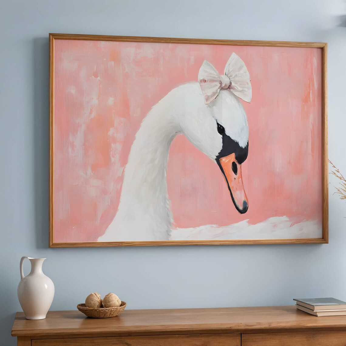 Swan With Bow Art Print, Pink Nursery Decor