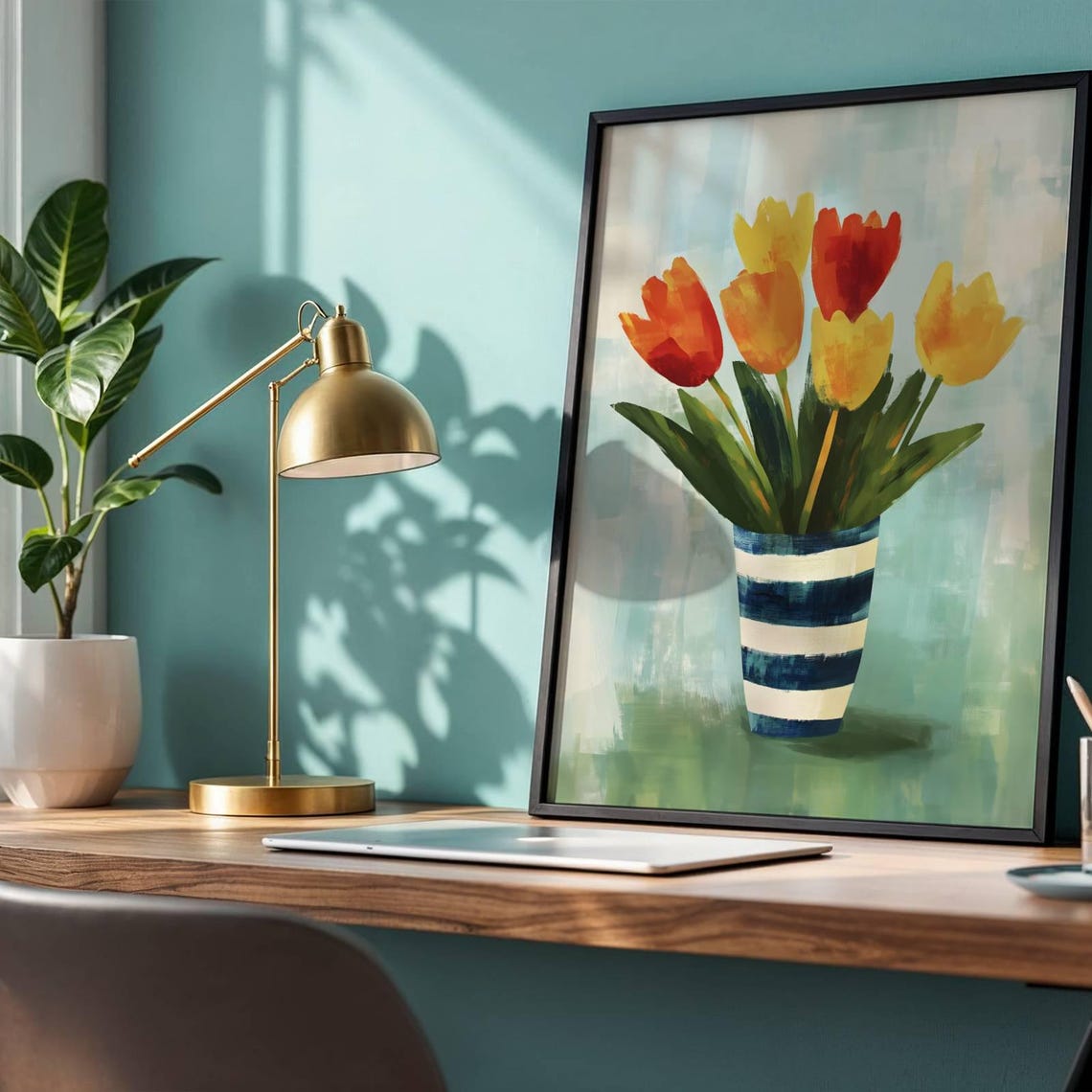 Orange And Yellow Tulips In A Striped Vase Watercolor Art Poster - Image 3