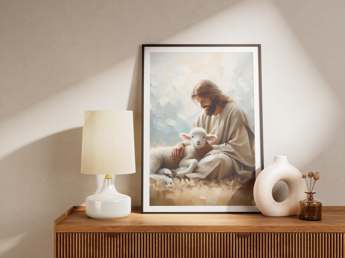 Jesus Kneeling with White Lamb Gentle Christian Oil Art Poster - Image 4