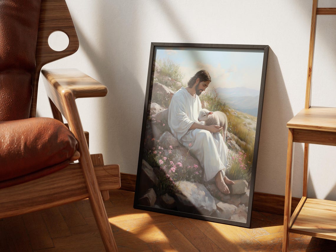 Jesus Sitting on Mountain Rocks Holding Lamb Spring Art Poster - Image 4