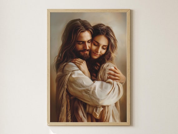 Jesus Christ Warm Embrace Woman Painting Comforting Faith Art Poster