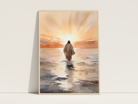 Jesus Christ Walking on Water Sunrise Watercolor Christian Faith Poster
