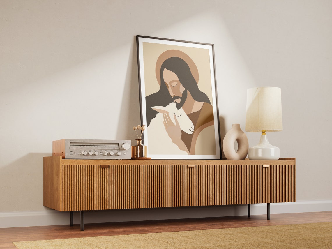 Jesus and Lamb Boho Minimalist Neutral Earth Christian Art Poster - Image 2