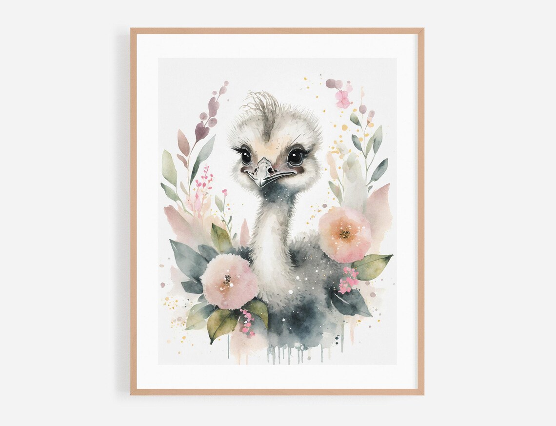 Baby Ostrich Chick Watercolor Floral Nursery Portrait Poster