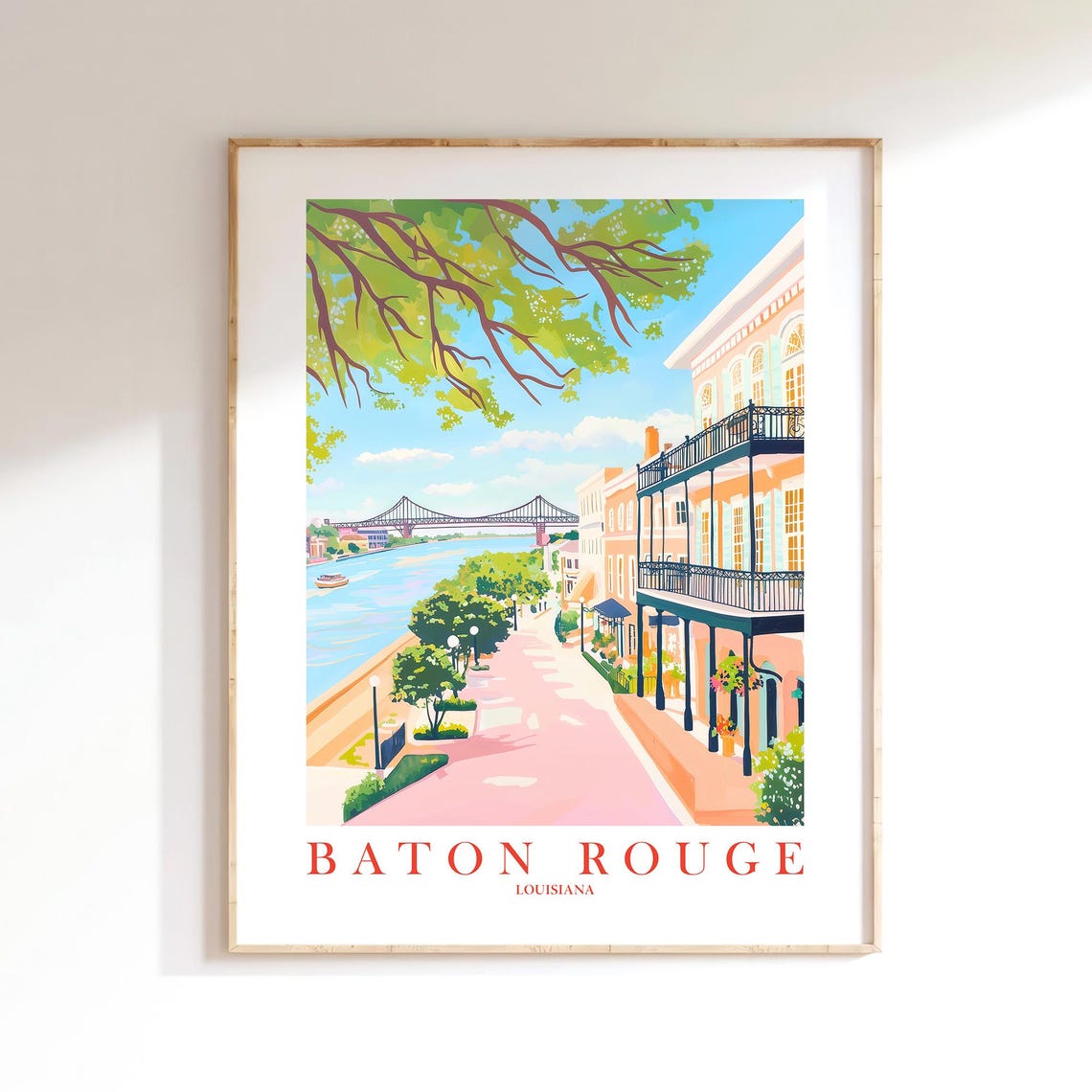 Baton Rouge Louisiana Print Scenic Travel Poster Pink Orange Painting La Landscape Dorm Bedroom Family Instant