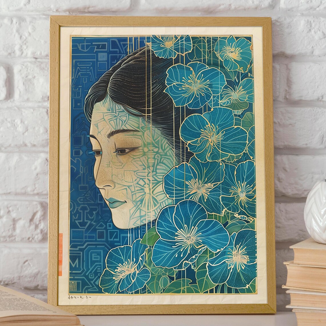 Japanese Geisha Floral Wall Art Blue Blossom Geisha Art Print Gold And Blue Floral Ukiyo E Inspired Poster Poster Or Print - Image 2