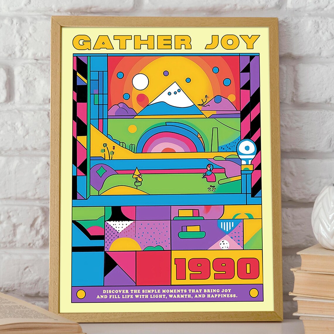 Gather Joy 1990 Cheerful Mountain Sunrise Landscape Abstract Poster - Image 2