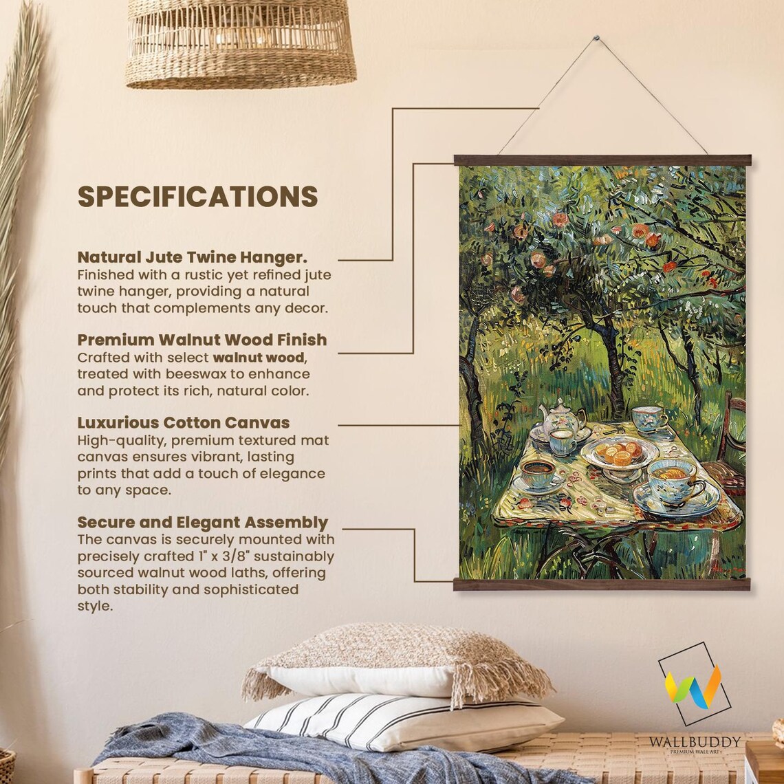 Rustic Orchard Tea Time Wall Hanging Tea Time Art For Cozy Kitchen Decor Printed On Premium With Real Walnut Wooden Hangers - Image 2