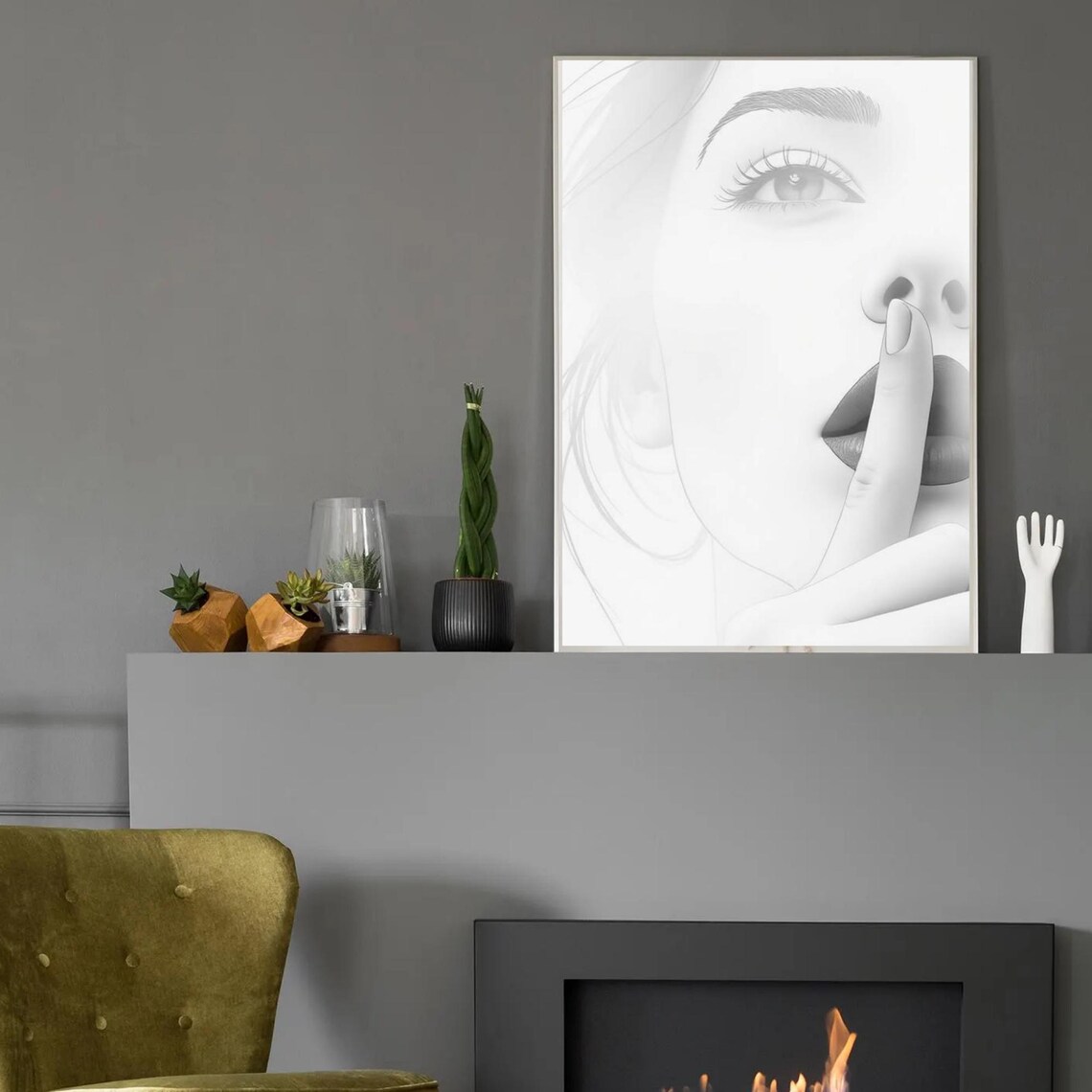 Black White Pop Art Woman Finger Over Lips Silence Minimal Modern Print - Image 2