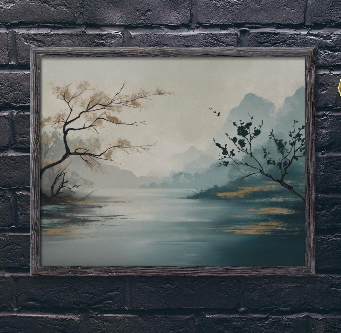 Misty Japanese Mountain Lake With Trees And Birds Zen Wall Poster