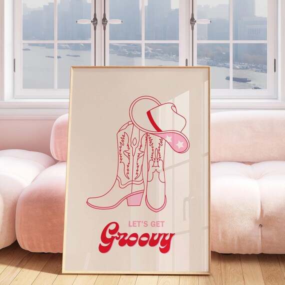 Dorm Room Wall Art Cowgirl Poster Pink Cowboy Boots Print Retro Girl Y2k Preppy