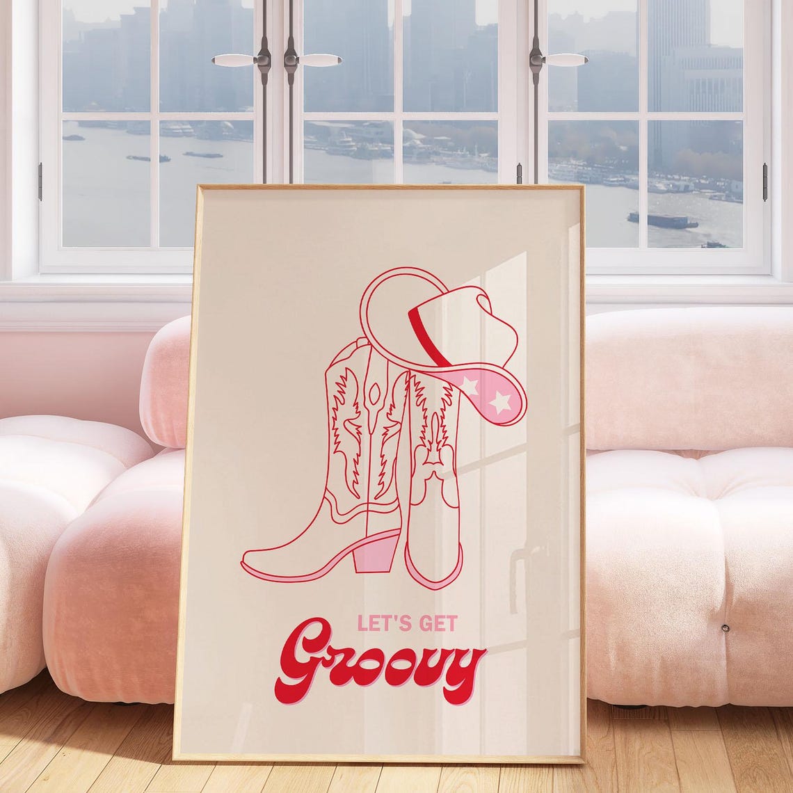 Pink Cowboy Boots Hat Lets Get Groovy Retro Western Line Art Poster