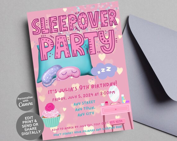 Sleepover Party Birthday Invitation Print Template Editable Pink Design