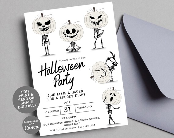 Halloween Party Invitation Template, Pumpkin Skeletons