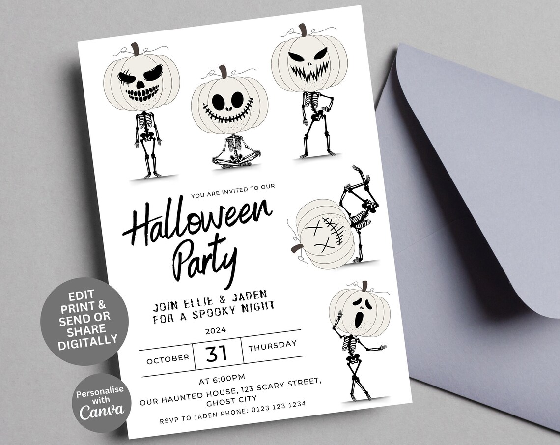 Halloween Party Invitation Template, Pumpkin Skeletons