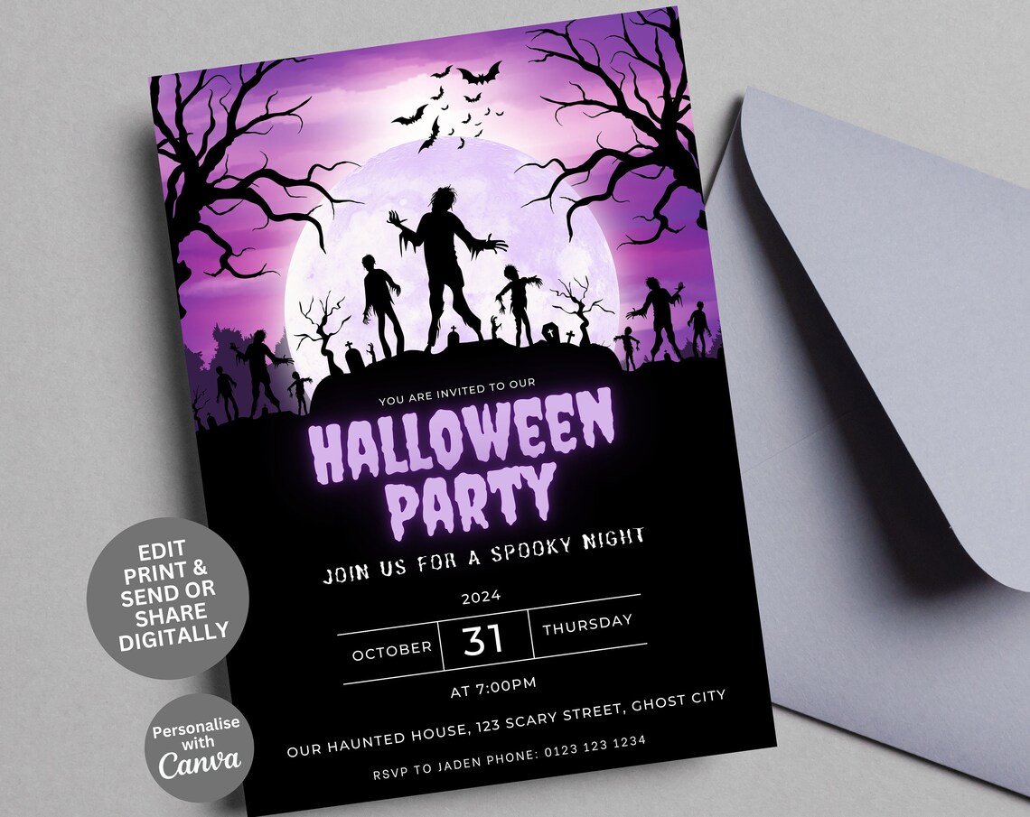 Zombie Silhouette Halloween Party Invitation Card Design Poster
