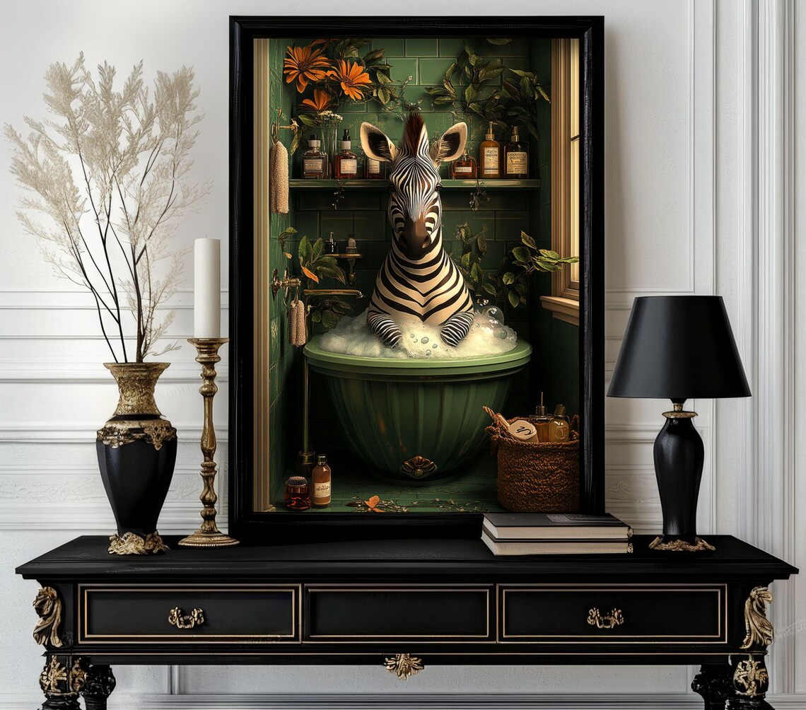 Zebra in a Bubble Bath Among Green Tiles and Amber Bottles Poster