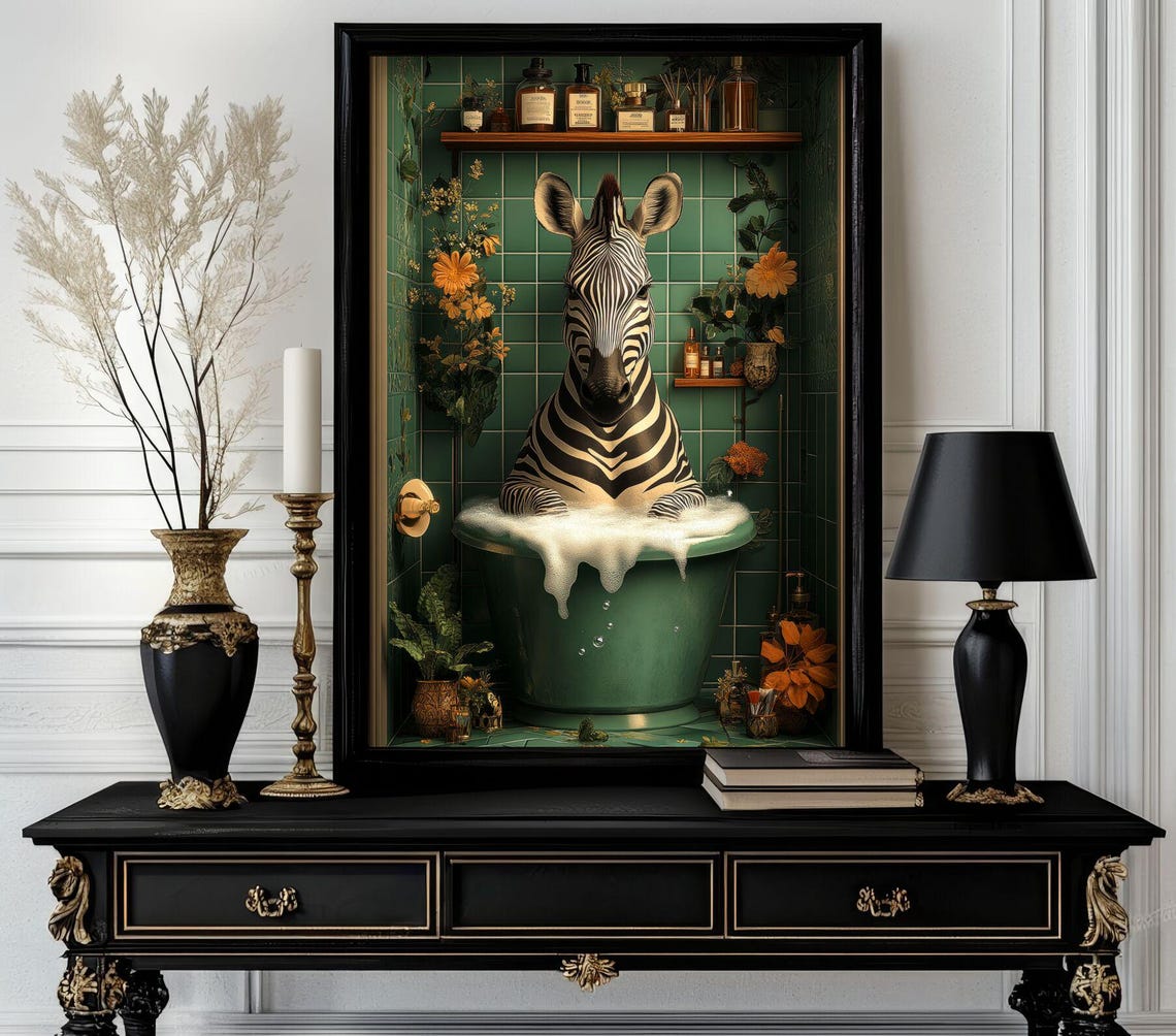 Zebra Enjoying a Green Bubble Bath Maximalist Bathroom Art Poster