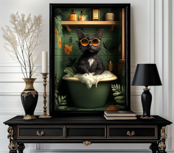 Funny Bathroom Cat Poster Animal On Toilet Wall Art Gag Gift For Guest Quirky Decor White Elephant 32