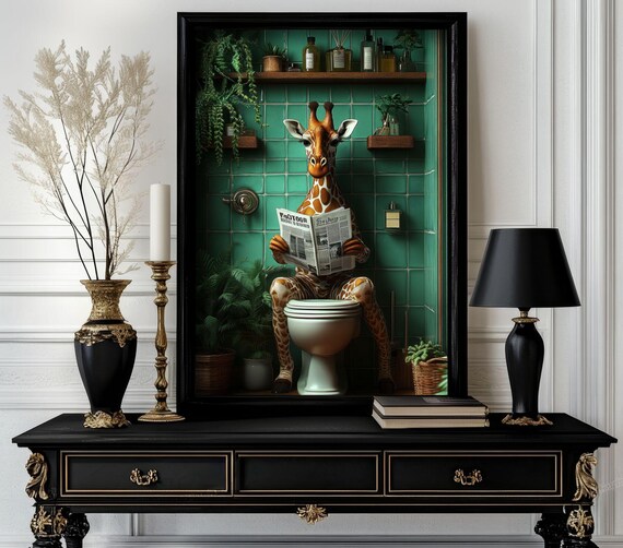 Funny Bathroom Giraffe Poster Animal On Toilet Wall Art Gag Gift For Guest Quirky Decor White Elephant 86