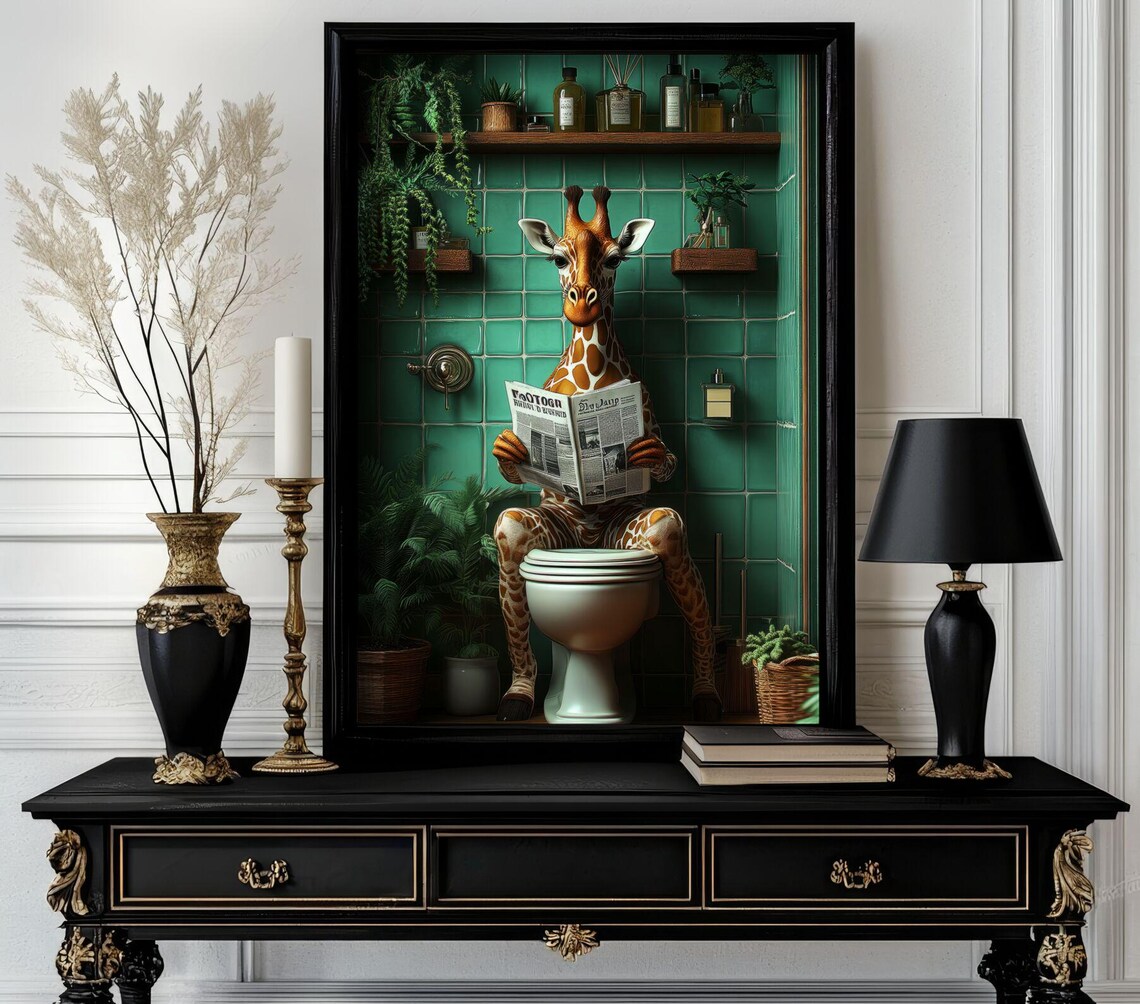 Funny Giraffe on a Toilet Reading the News Quirky Bathroom Gag Poster