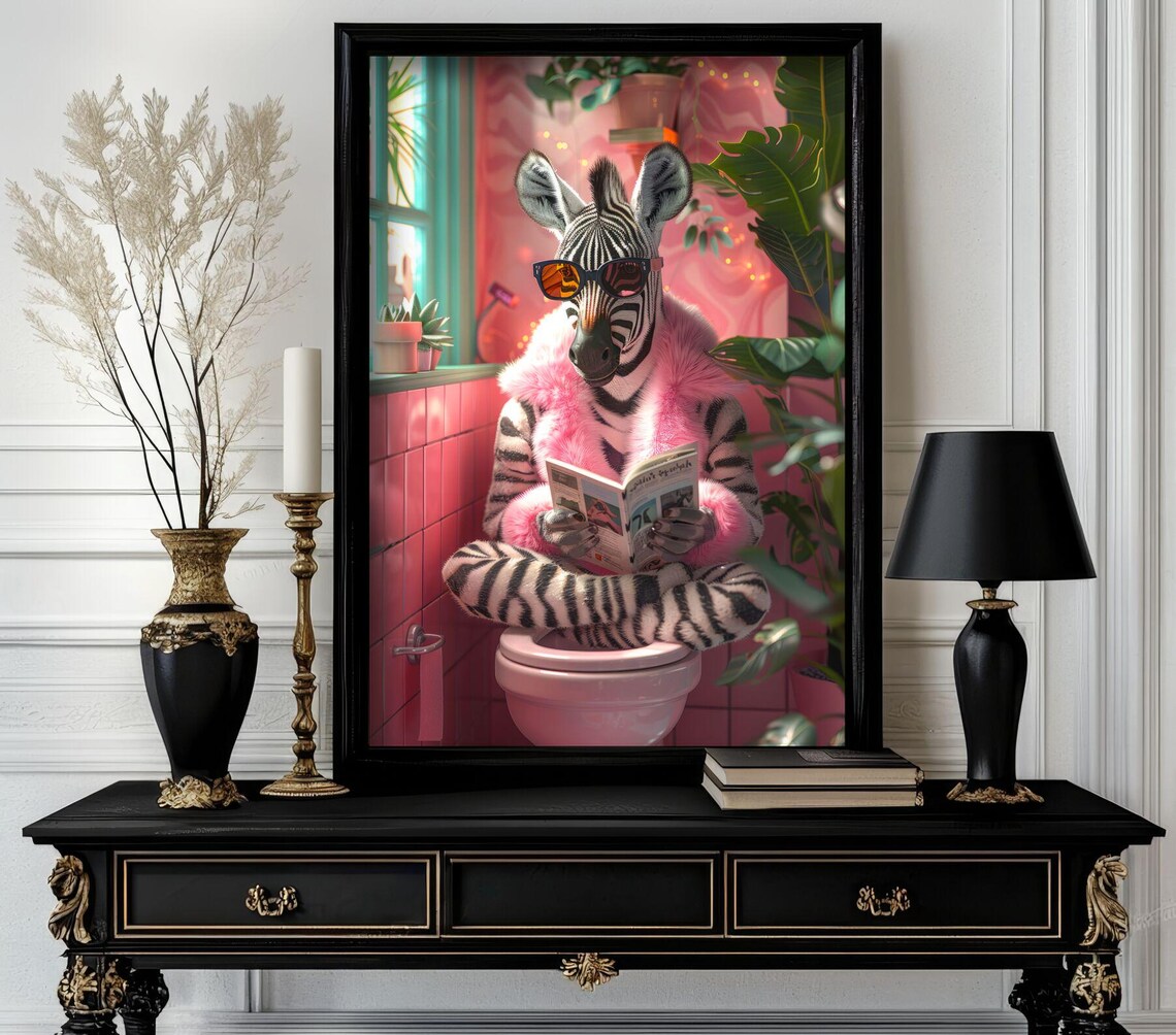 Zebra In Pink Fur Coat Reading Magazine On Toilet Funny Animal Poster