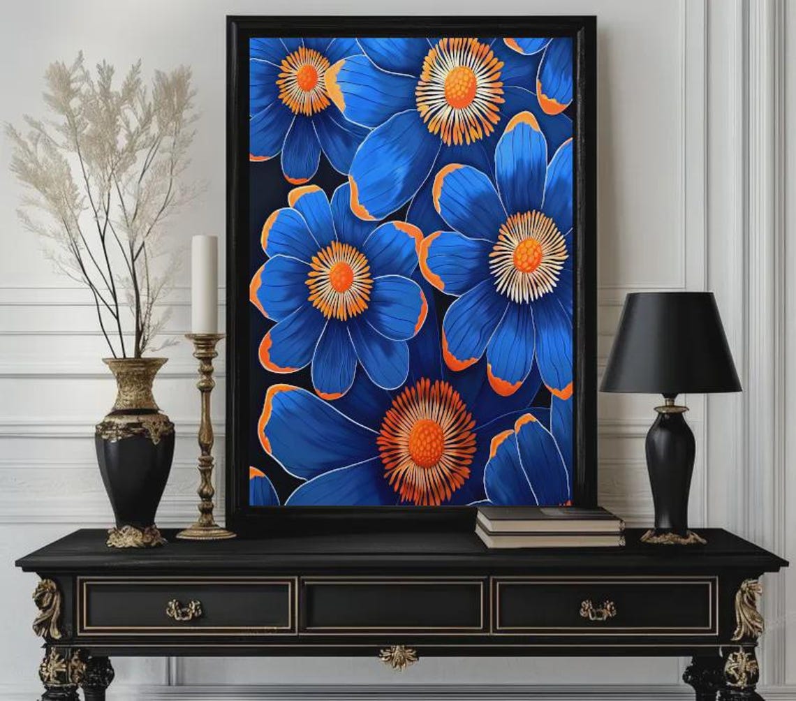Cobalt Blue Daisies Orange Centers Psychedelic Floral Art Poster