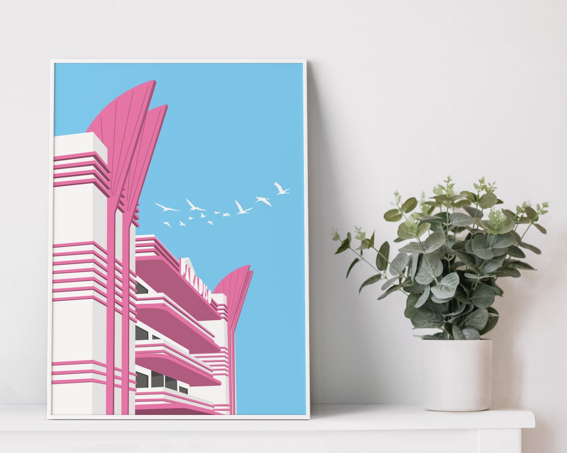 Pink Art Deco Hotel Paradiso Facade Pelican Sky Illustration Poster - Image 2