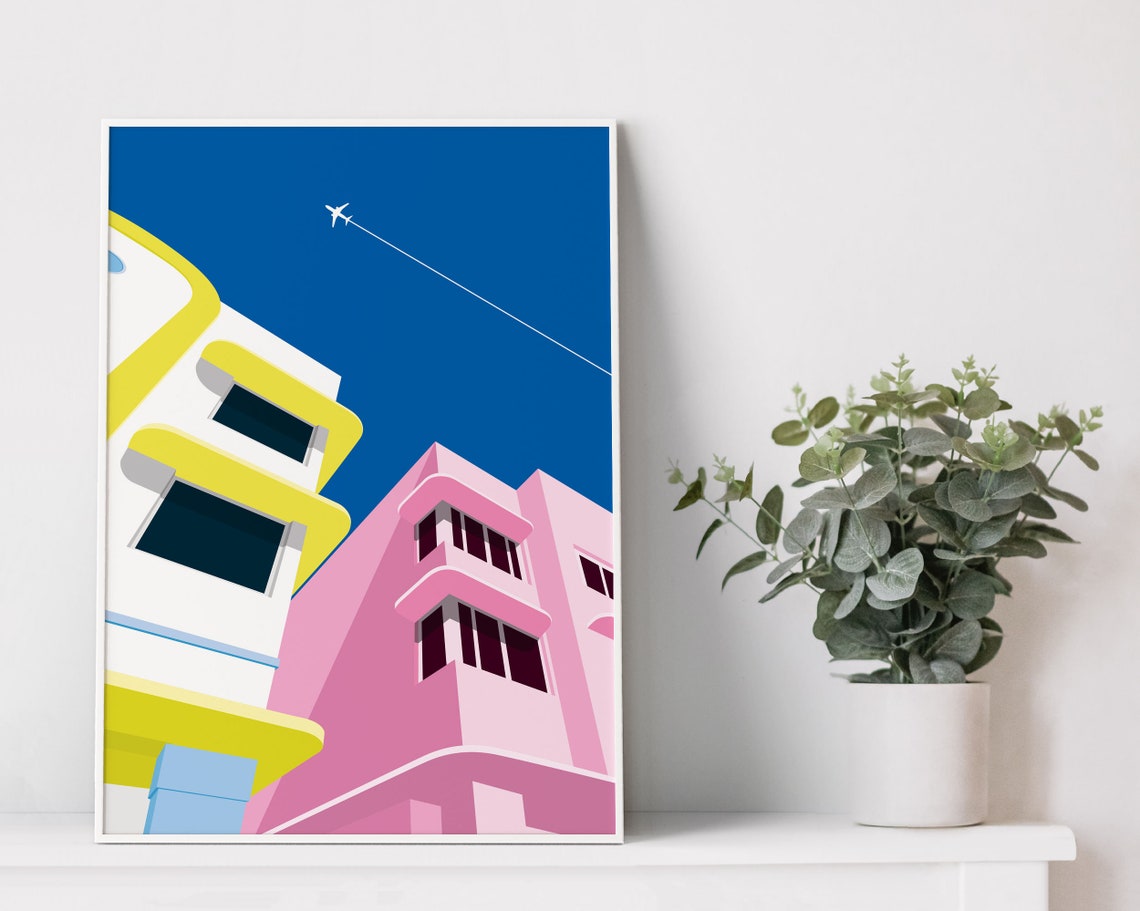 Miami South Beach Pastel Art Deco Buildings Blue Sky Plane Poster - Image 2