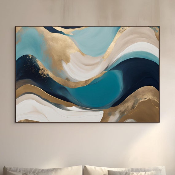 Abstract Circles Art Modern Geometric Painting Minimalist Wall Art Colorful Teal Art Office Art Design Gold Accents Wall Decor