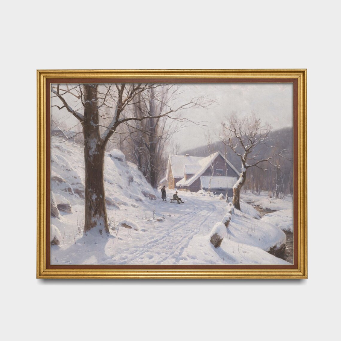 Snowy Cottage Lane with Figures and a Sled Cozy Winter Poster - Image 2