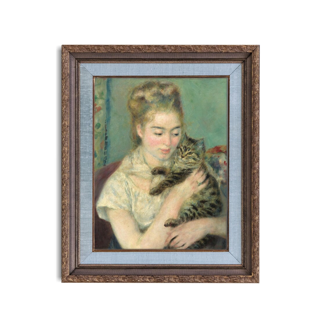 Young Woman Holding a Tabby Cat Impressionist Portrait Poster - Image 4