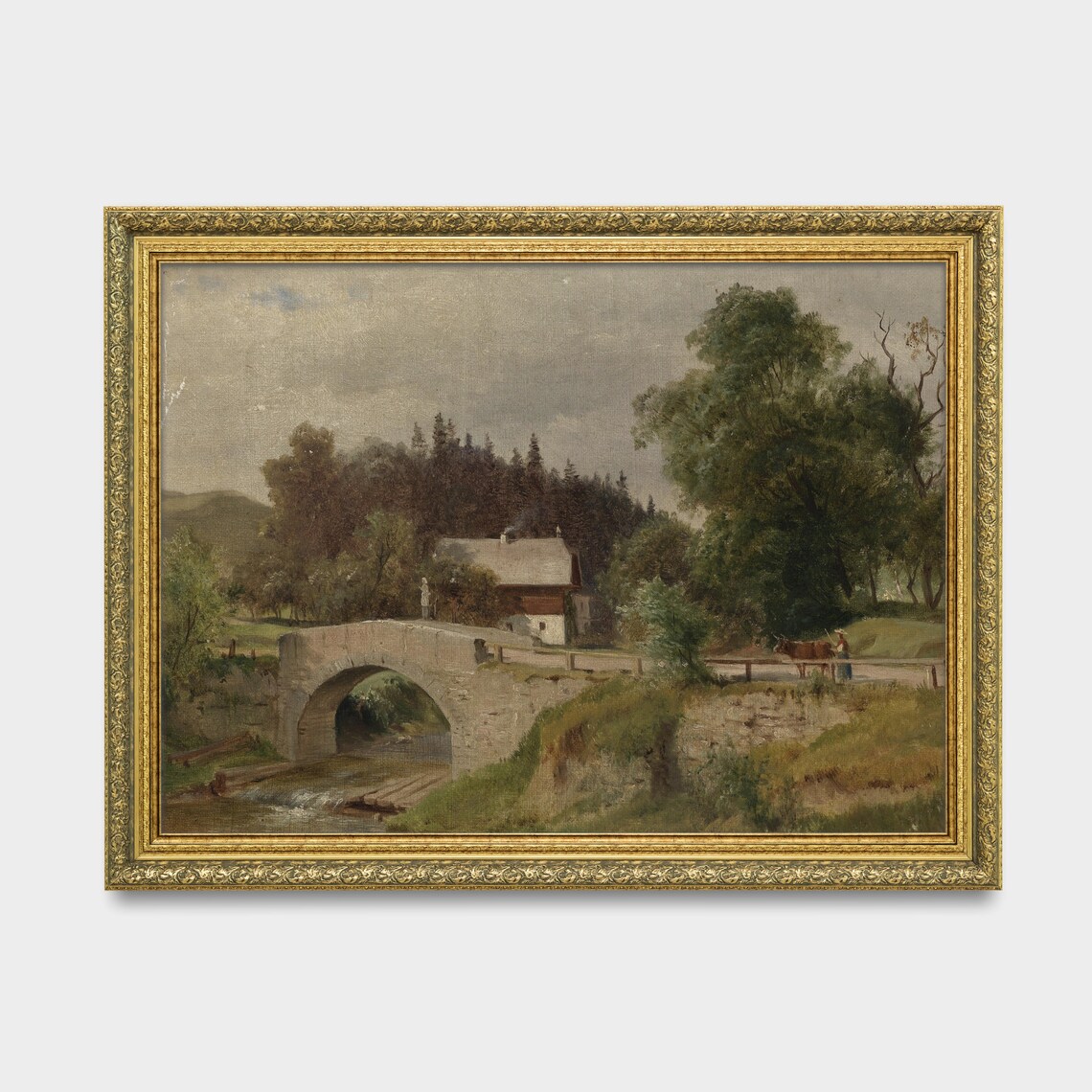 Stone Bridge Cottage and Stream with Cow Vintage Country Scene Poster - Image 2