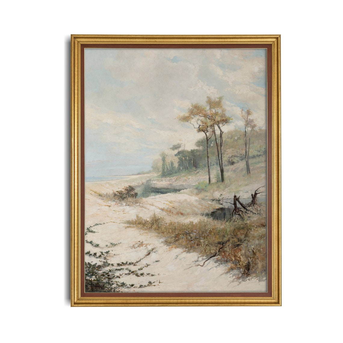 Misty Beach Dunes with Pine Trees Serene Vintage Landscape Poster - Image 2