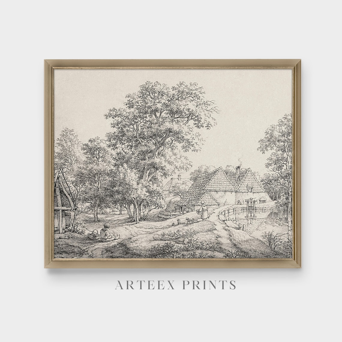 Country Village Sketch with Cottages Antique Etching Artwork Poster - Image 5