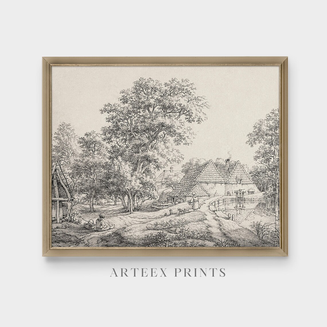Dutch Farmhouses With Grand Oak Tree Antique Pen Etching Poster - Image 3