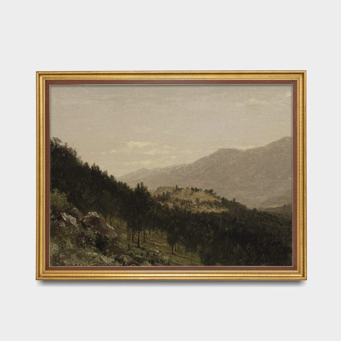 Serene Mountain Landscape Print Vintage Nature Artwork Classic Countryside Scene Misty Hills And Forest Tranquil Wall Art - Image 3