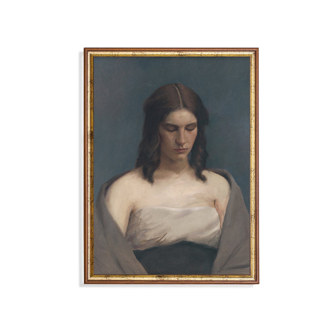 Melancholic Moody Woman With Downcast Eyes in a Grey Shawl Poster