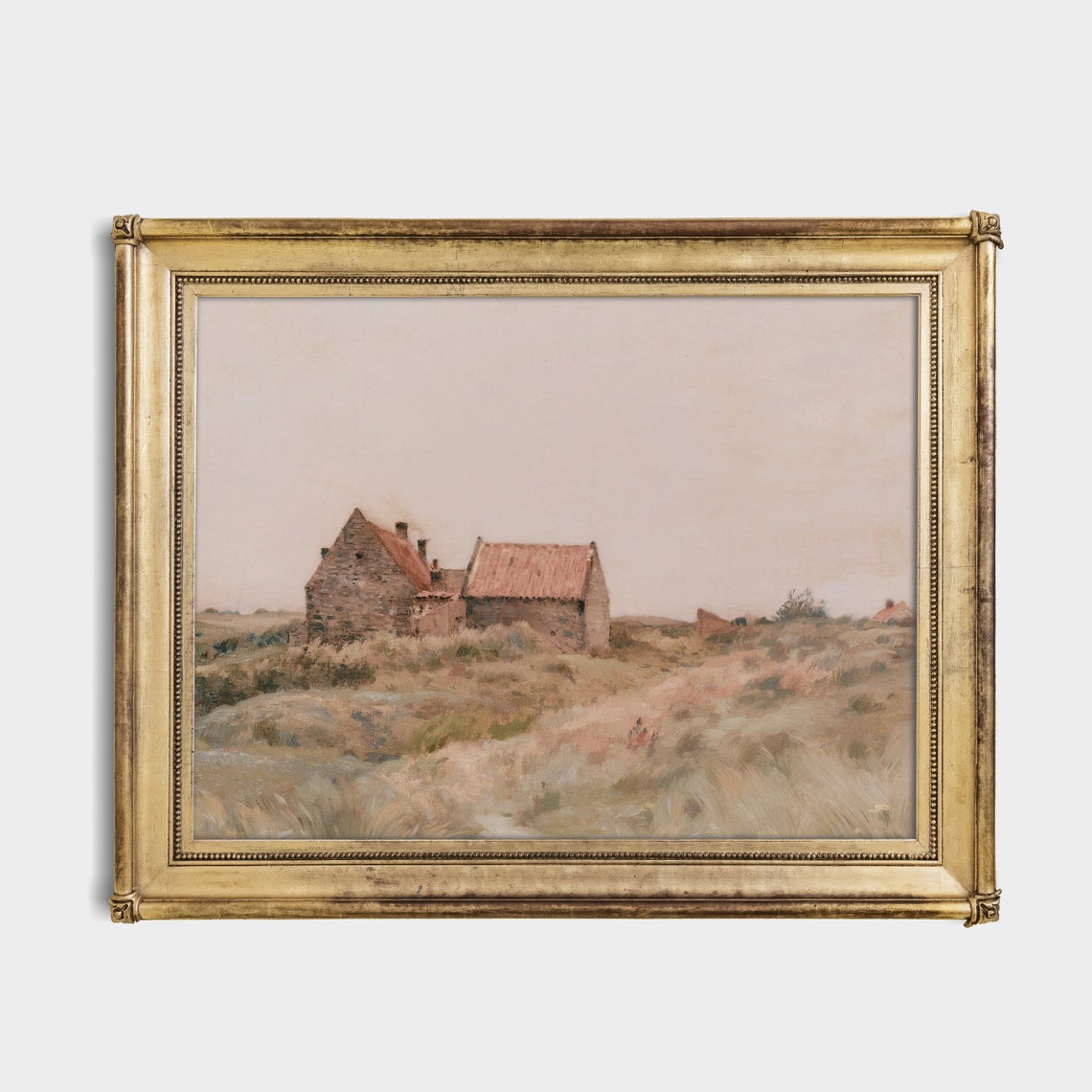 Stone Farmhouse with Red Roofs Standing in Windswept Fields Poster - Image 2