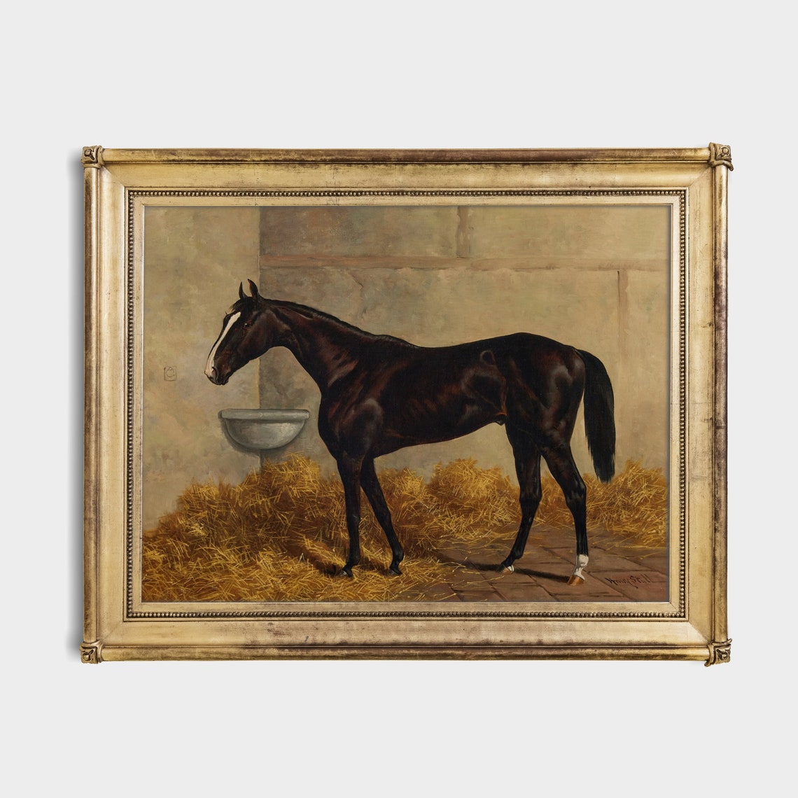 Dark Bay Racehorse in a Straw-Filled Stable Equestrian Poster - Image 2